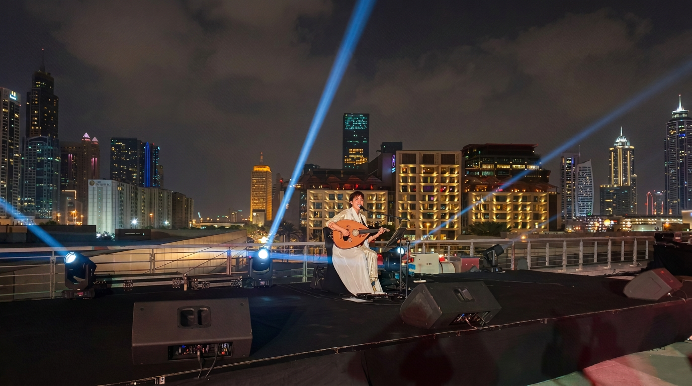 Nina performing with her oud on a rooftop stage in Dubai