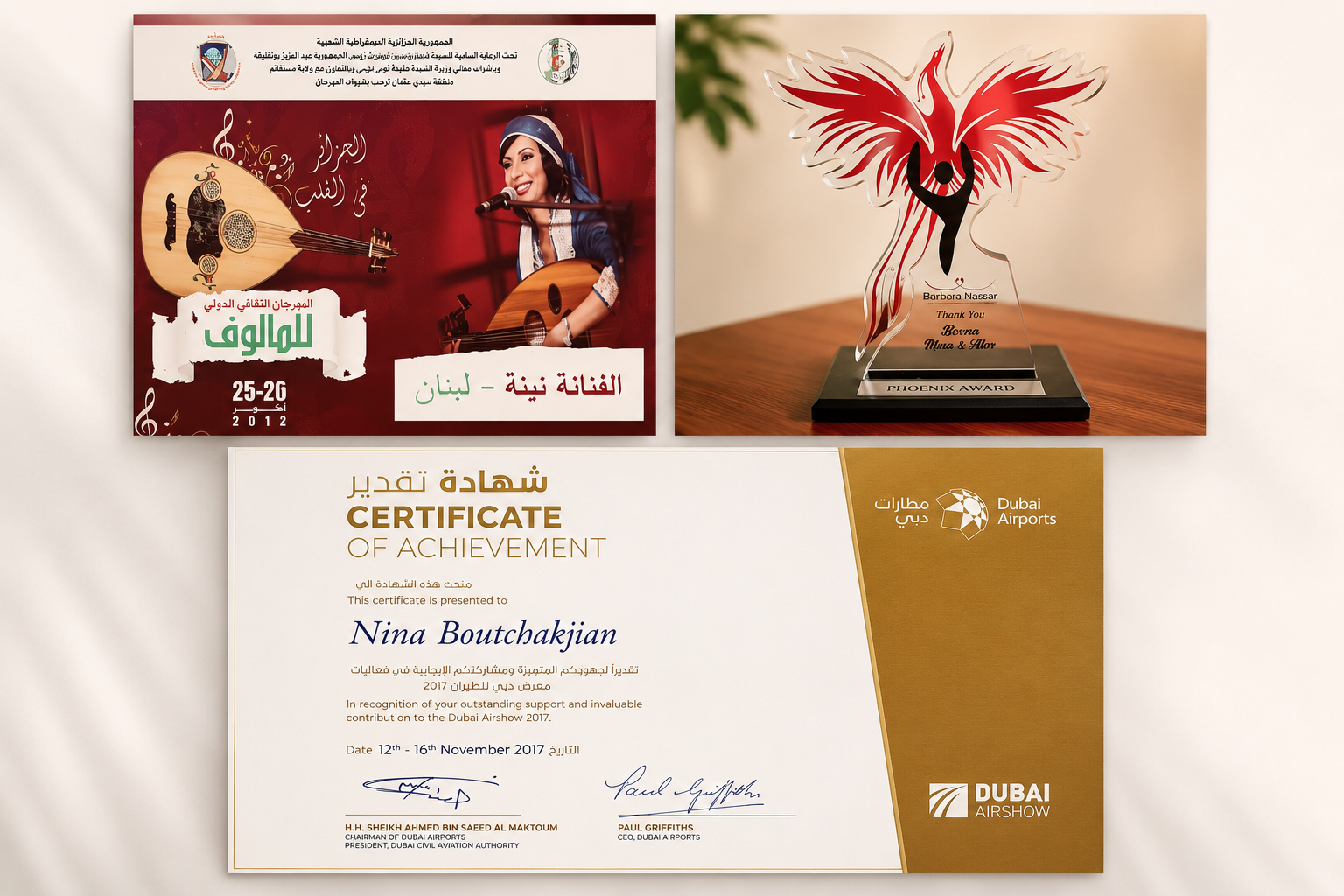 Collage of Nina's awards, diplomas and festival certificates